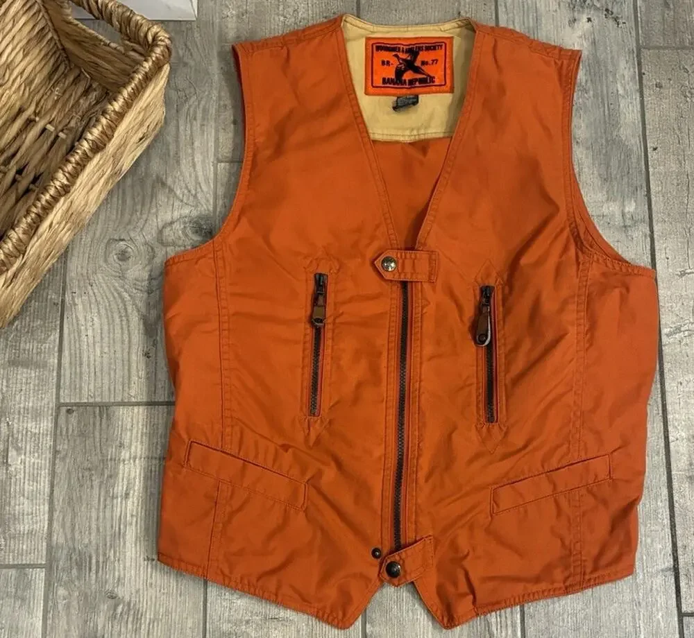 Vintage 80s Banana Republic Woodsmen & Anglers Society Hunting Vest Orange Small